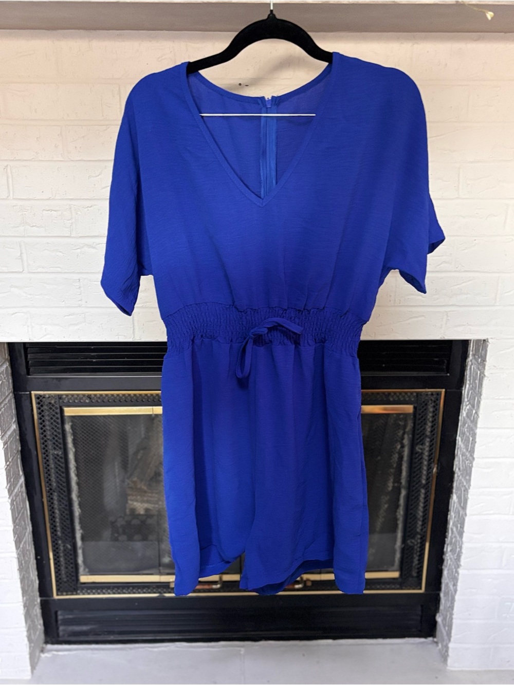 Women's V-Neck Short Sleeve Drawstring Waist Top - Royal Blue